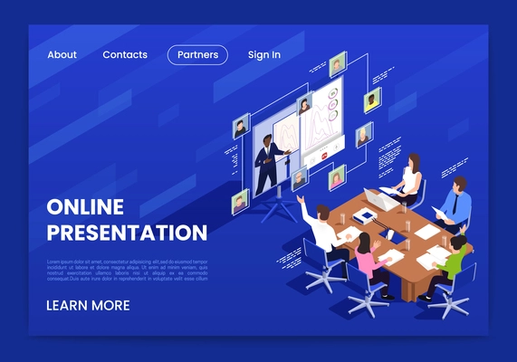 Online presentation and conference page design isometric vector illustration