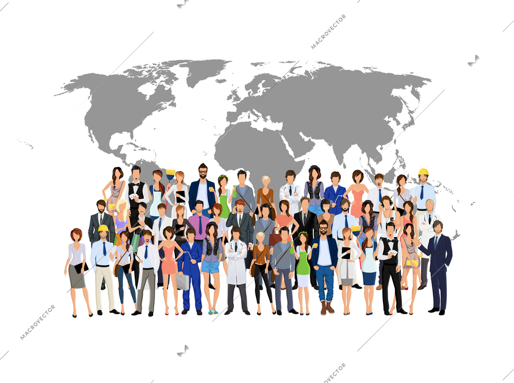 Large group crowd of people adult professionals with world map on background vector illustration