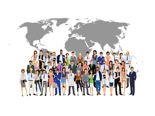 Large group crowd of people adult professionals with world map on background vector illustration