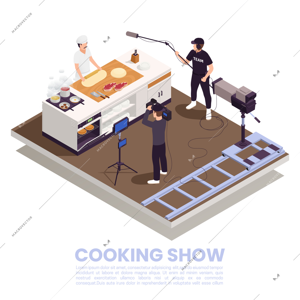 TV show isometric concept with cooking culinary show symbols vector illustration