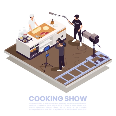 TV show isometric concept with cooking culinary show symbols vector illustration