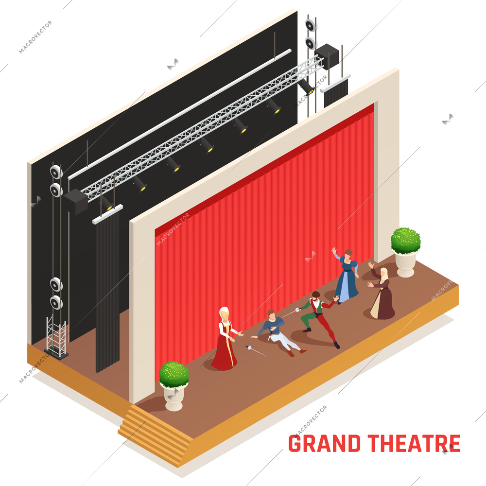 Grand theatre isometric concept with performance and play symbols vector illustration