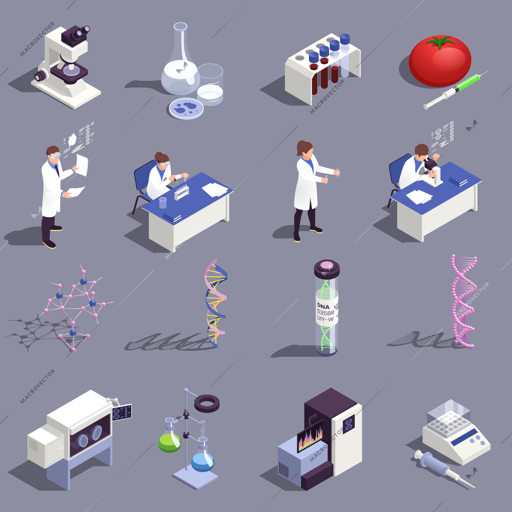 Genetic engineering isometric icons set with science symbols isolated vector illustration