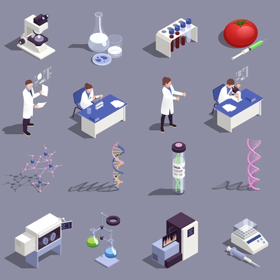 Genetic engineering isometric icons set with science symbols isolated vector illustration