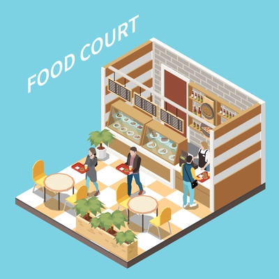 Food court isometric view customers paying for food at checkout counter carrying meals to table vector illustration