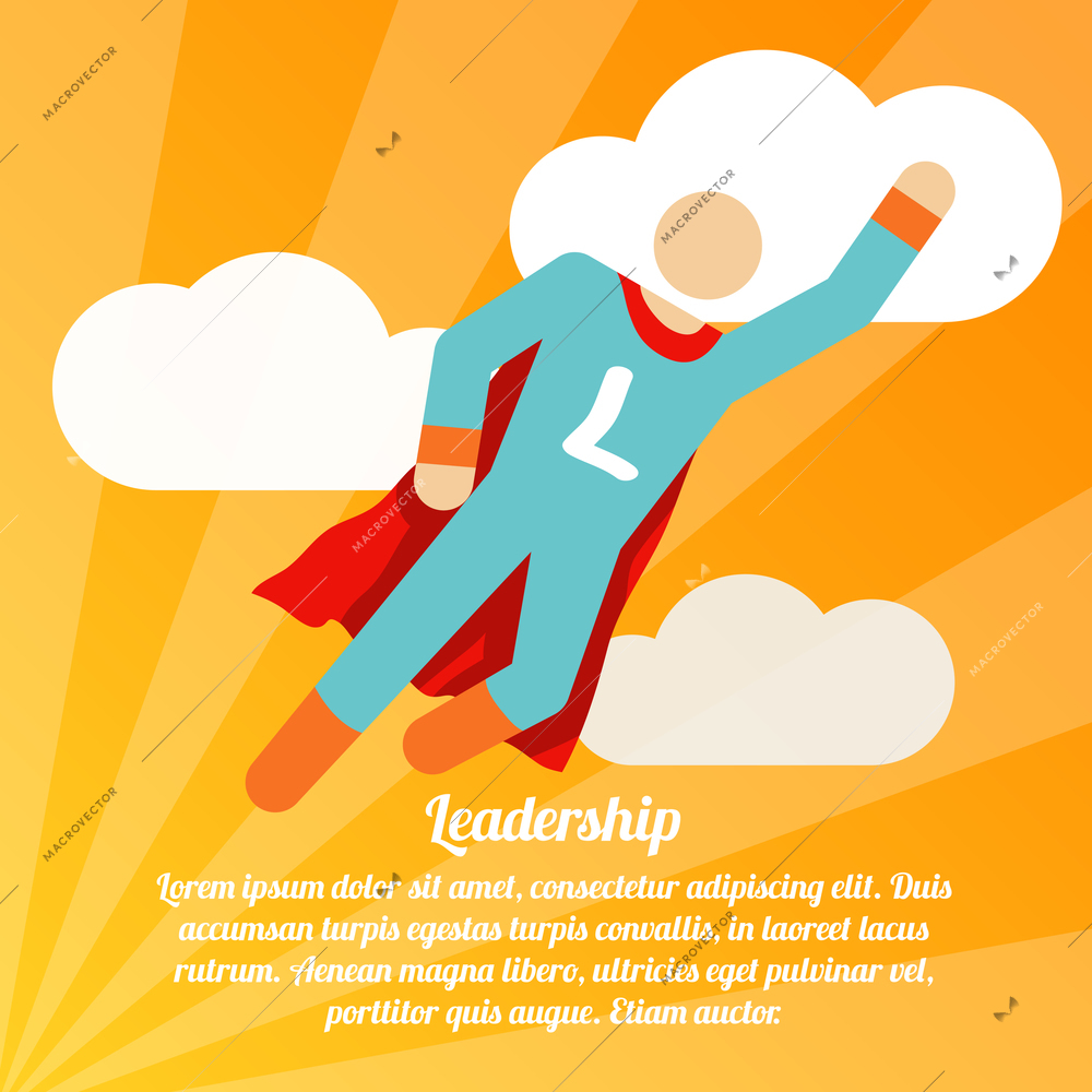 Leadership poster with superman superhero business success achievements idea vector illustration