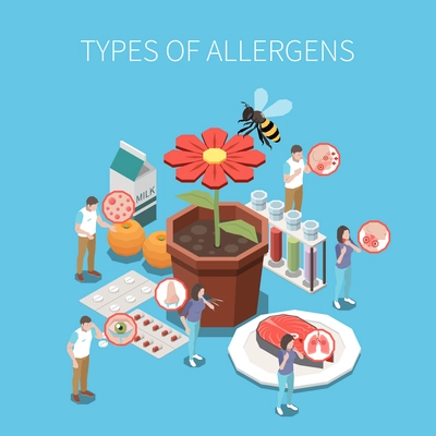 Allergy types isometric educative composition depicting people with food  insects pets pollen intolerance medication background vector illustration