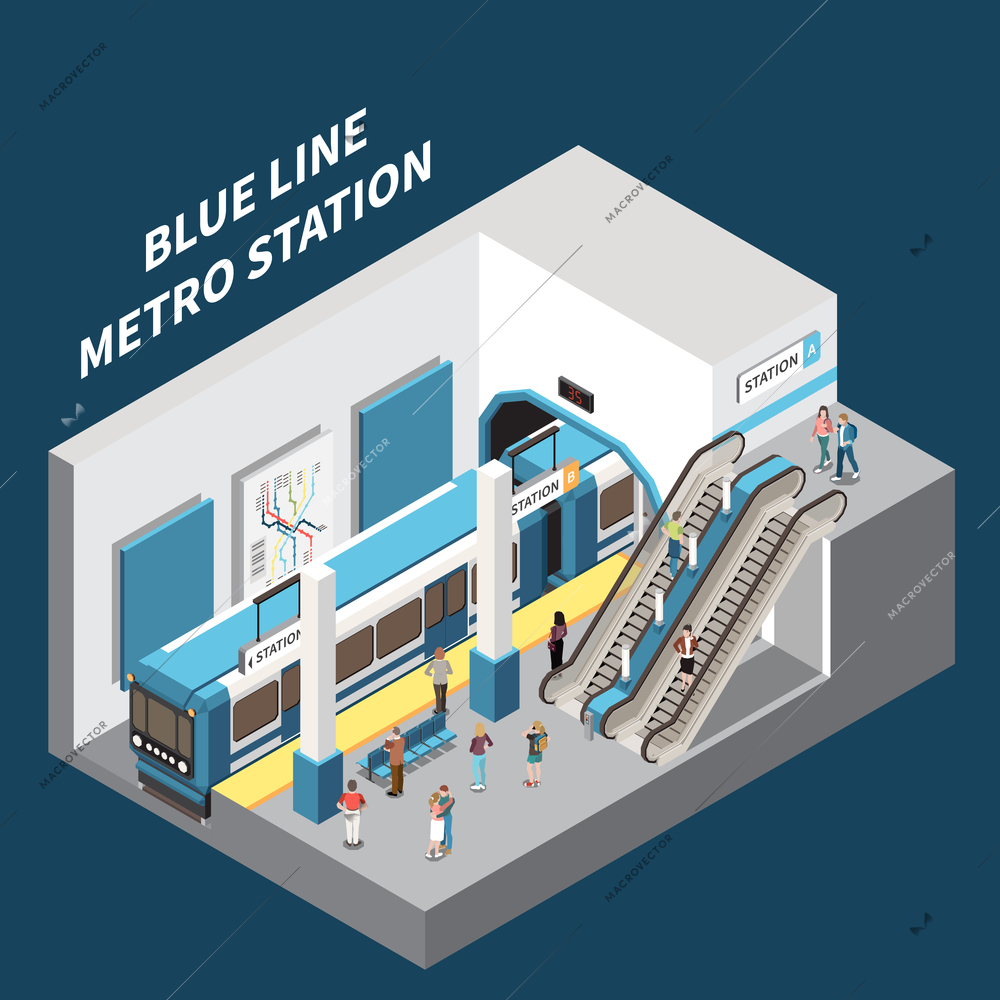 Blue line metro station isometric interior view of train platform escalator delivering passengers to exit vector illustration