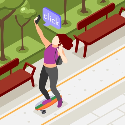 Selfie day isometric background girl takes pictures of herself on a skateboard with her smartphone vector illustration