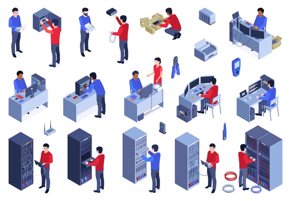 System administrator color set with server configuration symbols isometric isolated vector illustration