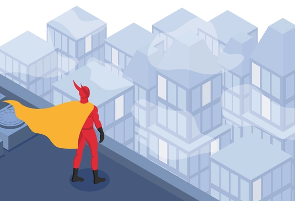 Superhero in red costume with yellow  cape standing on roof of skyscraper isometric urban background 3d vector illustration