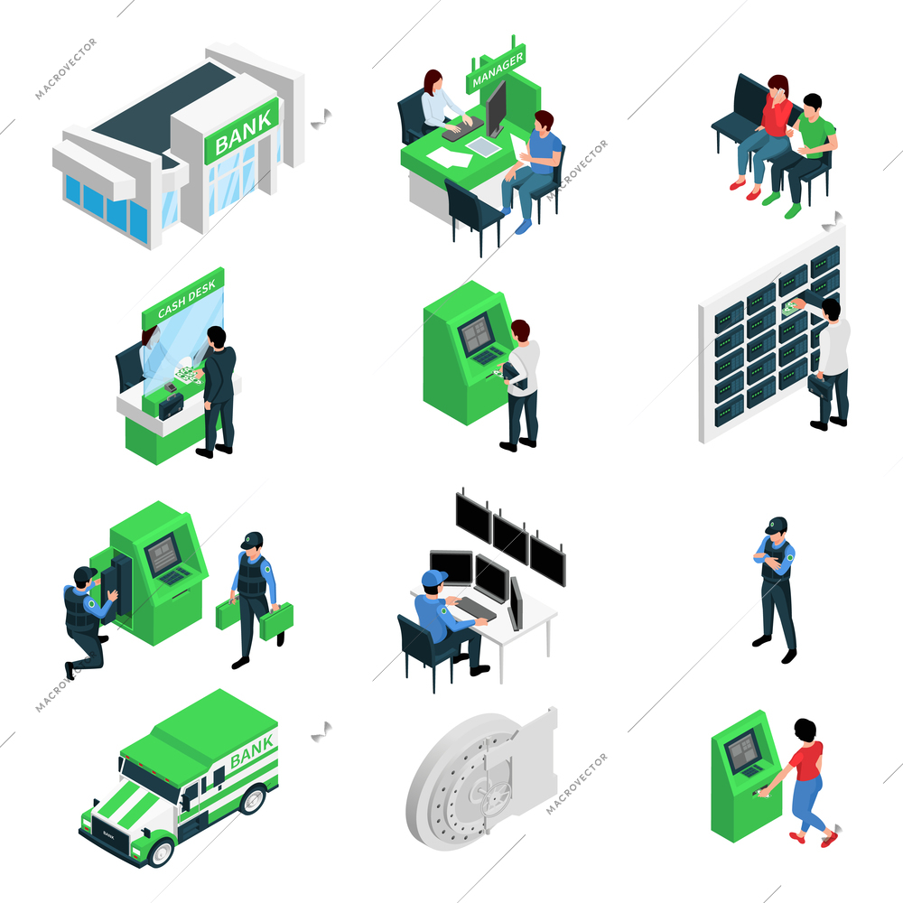 Bank branch isometric set of manager client guard cash collectors cash dispenser bank cells isolated vector illustration