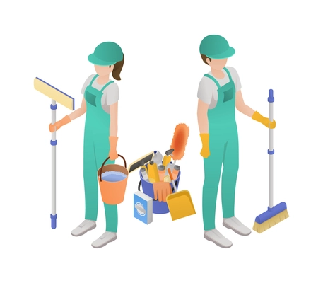 Professional cleaning service isometric concept two women with a mop and dusting brush ready to go vector illustration