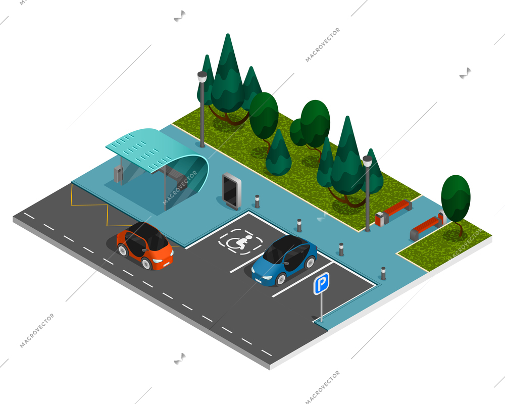 City constructor elements isometric concept city street with a park area with parking for cars and an area for recreation vector illustration