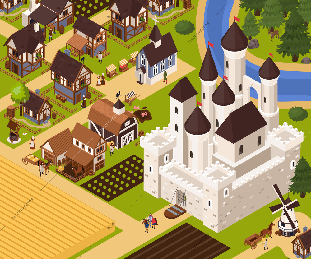 Medieval architecture isometric background with castle field and house vector illustraion