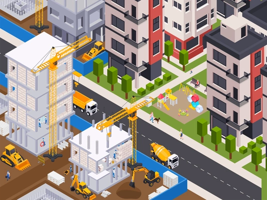 Construction in city background with construction machines and transport symbols isometric vector illustration