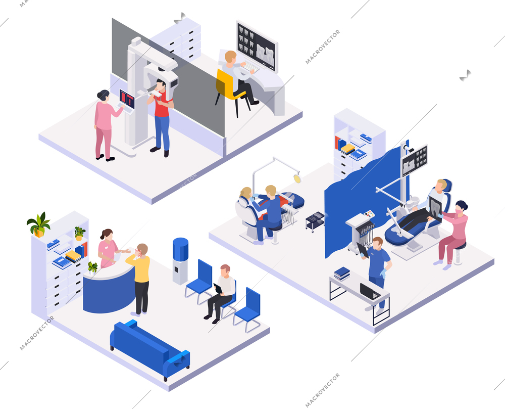 Stomatology and dentistry composition set with dental clinics symbols isometric isolated vector illustration