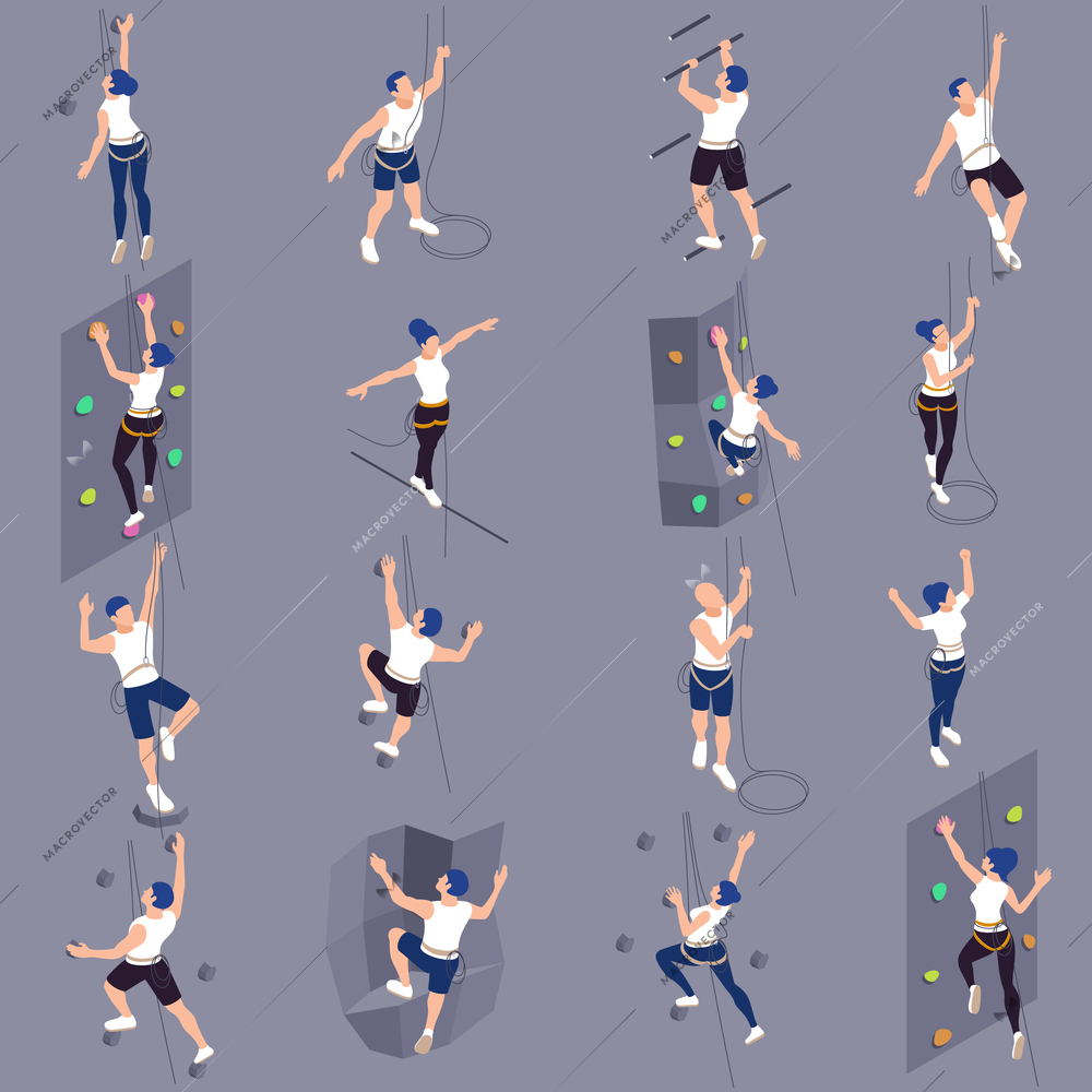 Rock climbing sport wall training isometric isolated set with bouldering top roping climbers grey background vector illustration