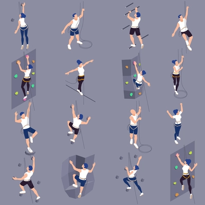 Rock climbing sport wall training isometric isolated set with bouldering top roping climbers grey background vector illustration