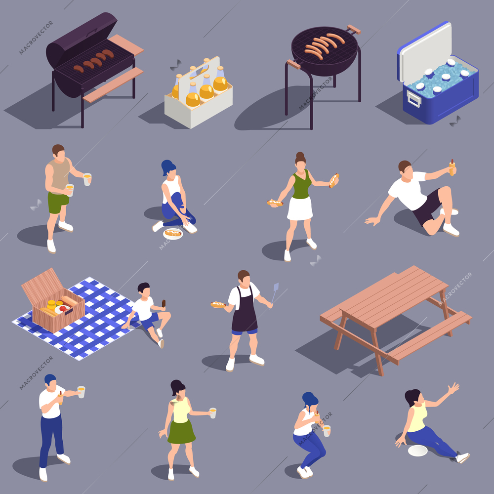 Family picnic isometric set with charcoal barbecue grill gingham tablecloth drinks refreshments cooling box people vector illustration