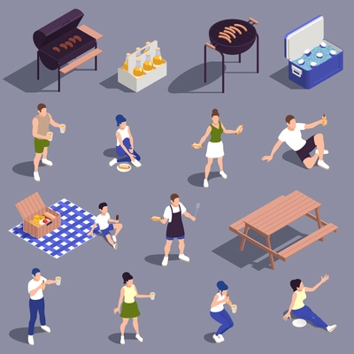 Family picnic isometric set with charcoal barbecue grill gingham tablecloth drinks refreshments cooling box people vector illustration