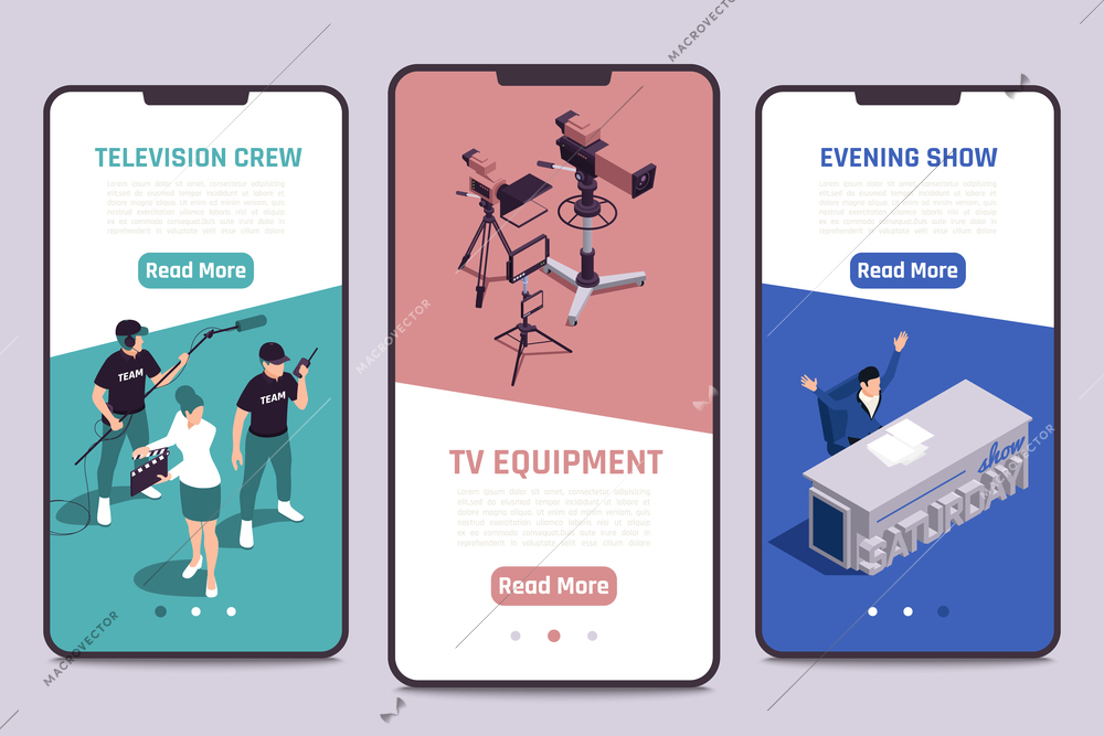 TV show production 3 isometric smartphone screens banners with director assistant camera crew television equipment vector illustration