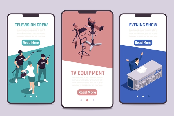 TV show production 3 isometric smartphone screens banners with director assistant camera crew television equipment vector illustration