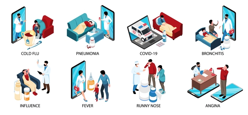 Health care isometric set with cold flu pneumonia bronchitis influenza fever angina runny nose covid 19 isolated compositions vector illustration