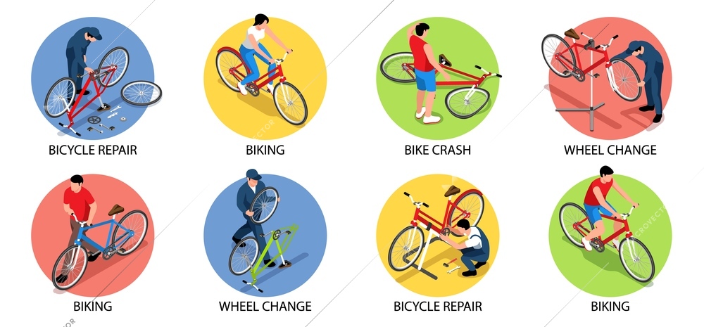 Biking isometric set of bike crash bicycle repair wheel change compositions isolated vector illustration