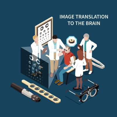 Image translation to brain isometric  background with brain implants technologies as help for blind people vector illustration