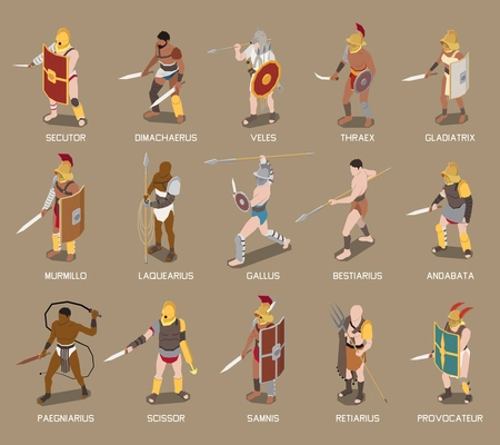 Roman gladiators fifteen isometric icons including secutor retiarius murmillon provocateur characters with various types of weapon isolated vector illustration