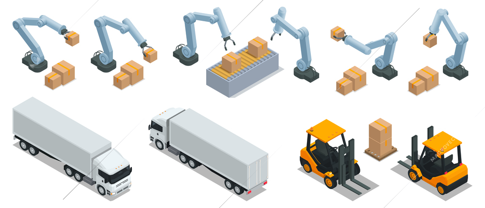 Modern warehouse isometric colored icon set robotic arm works on the production belt carries boxes truck and warehouse machine from two angles vector illustration