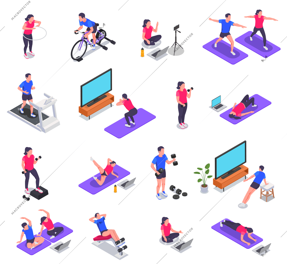 Online fitness workout yoga at home isometric icon set group sports activities with help of laptop TV and smartphone vector illustration