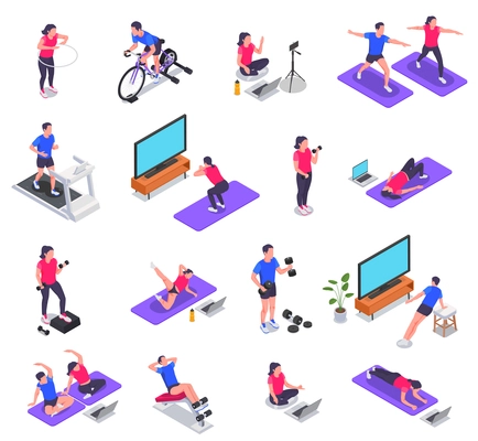 Online fitness workout yoga at home isometric icon set group sports activities with help of laptop TV and smartphone vector illustration