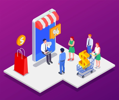 Marketing technologies isometric composition  man with loudspeaker advertises store and people come flocking there vector illustration