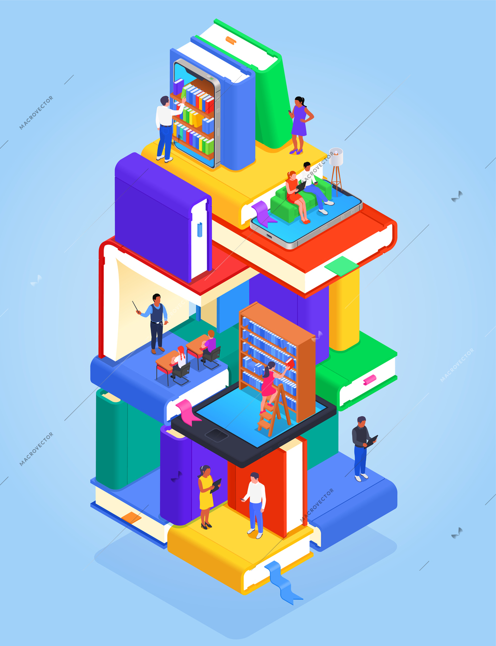 Digital online library isometric colored concept abstract multi story building with floors dedicated to various reading related matters vector illustration