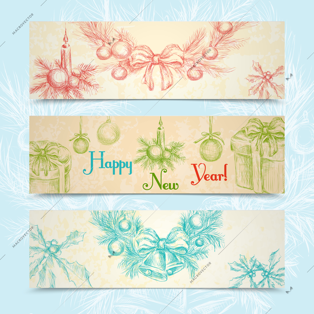 Merry christmas happy new year sketch horizontal banner set with holiday decoration isolated vector illustration