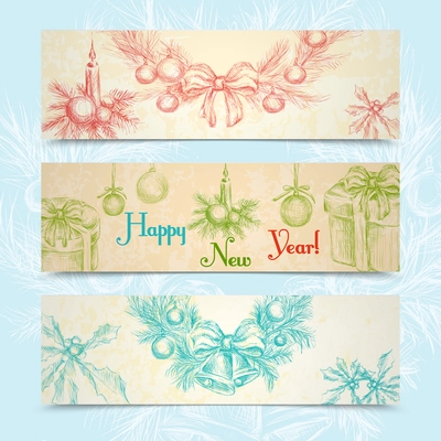 Merry christmas happy new year sketch horizontal banner set with holiday decoration isolated vector illustration
