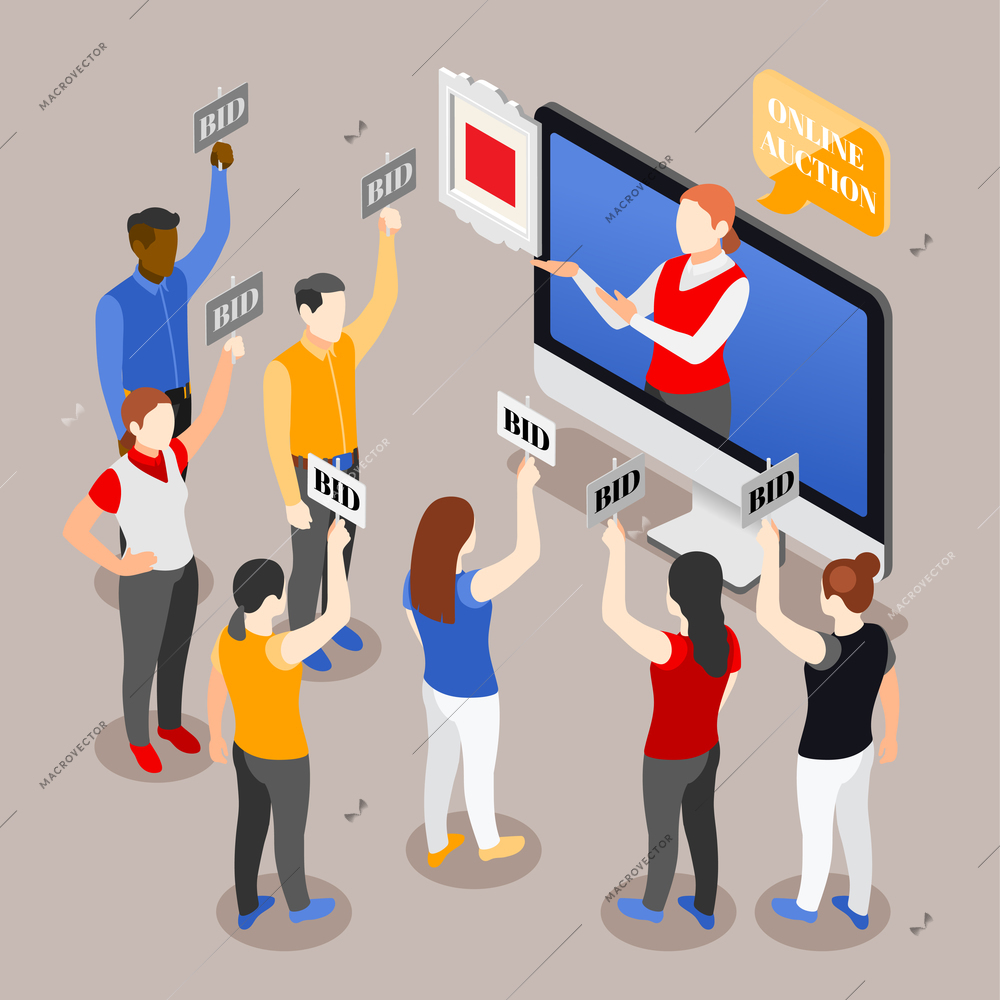 Auction isometric background with composition of desktop computer surrounded by human characters of bidders with placards vector illustration