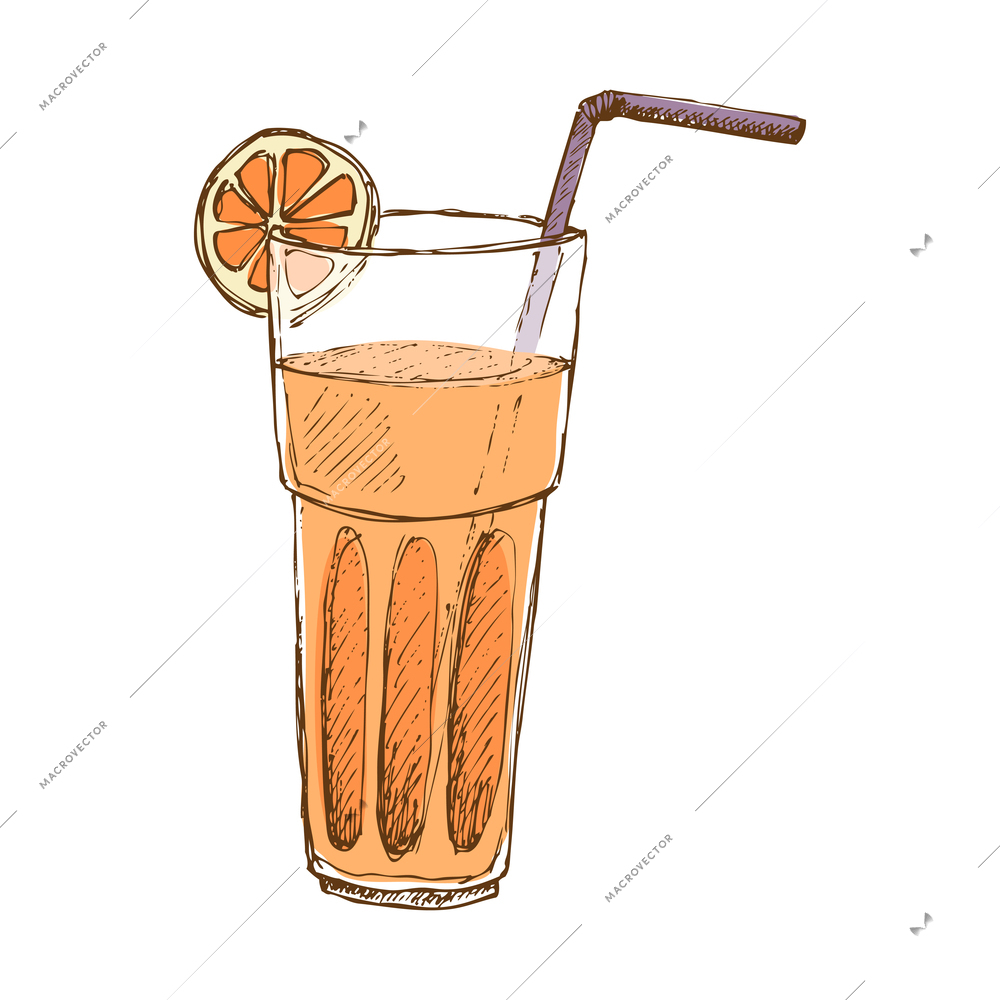 Cocktail glass with orange slice and straw hand drawn vector illustration