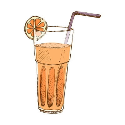 Cocktail glass with orange slice and straw hand drawn vector illustration