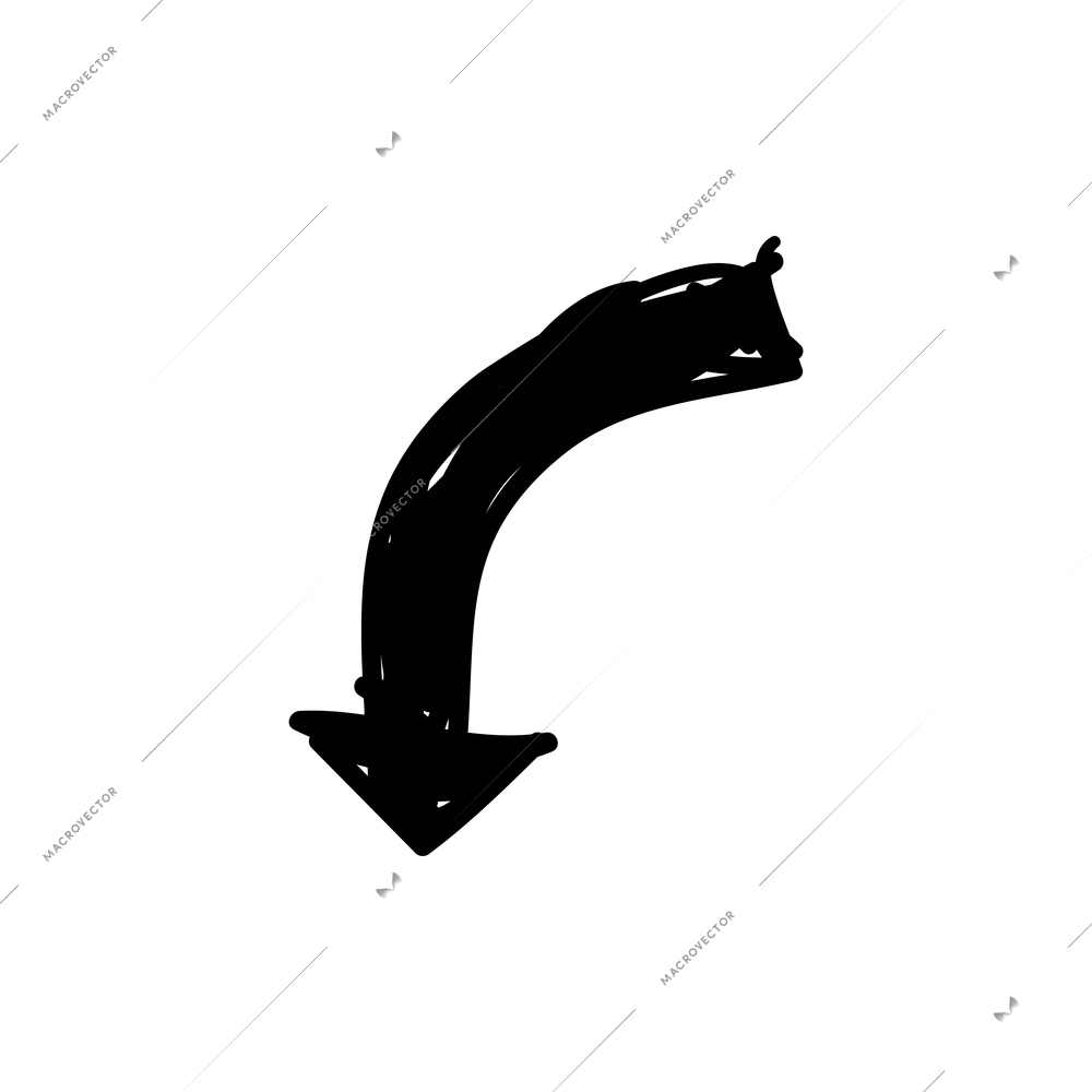 Doodle curved arrow in black color pointing down vector illustration