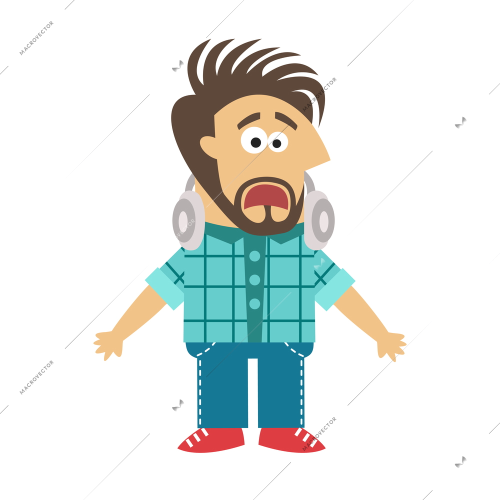 Flat software engineer standing with scared facial expression vector illustration