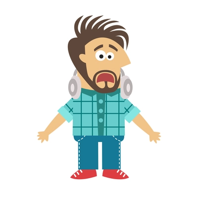 Flat software engineer standing with scared facial expression vector illustration