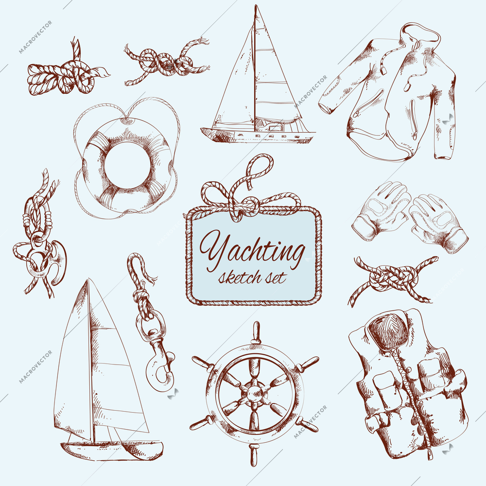 Yachting sea travel and sport decorative colored sketch icons set isolated vector illustration