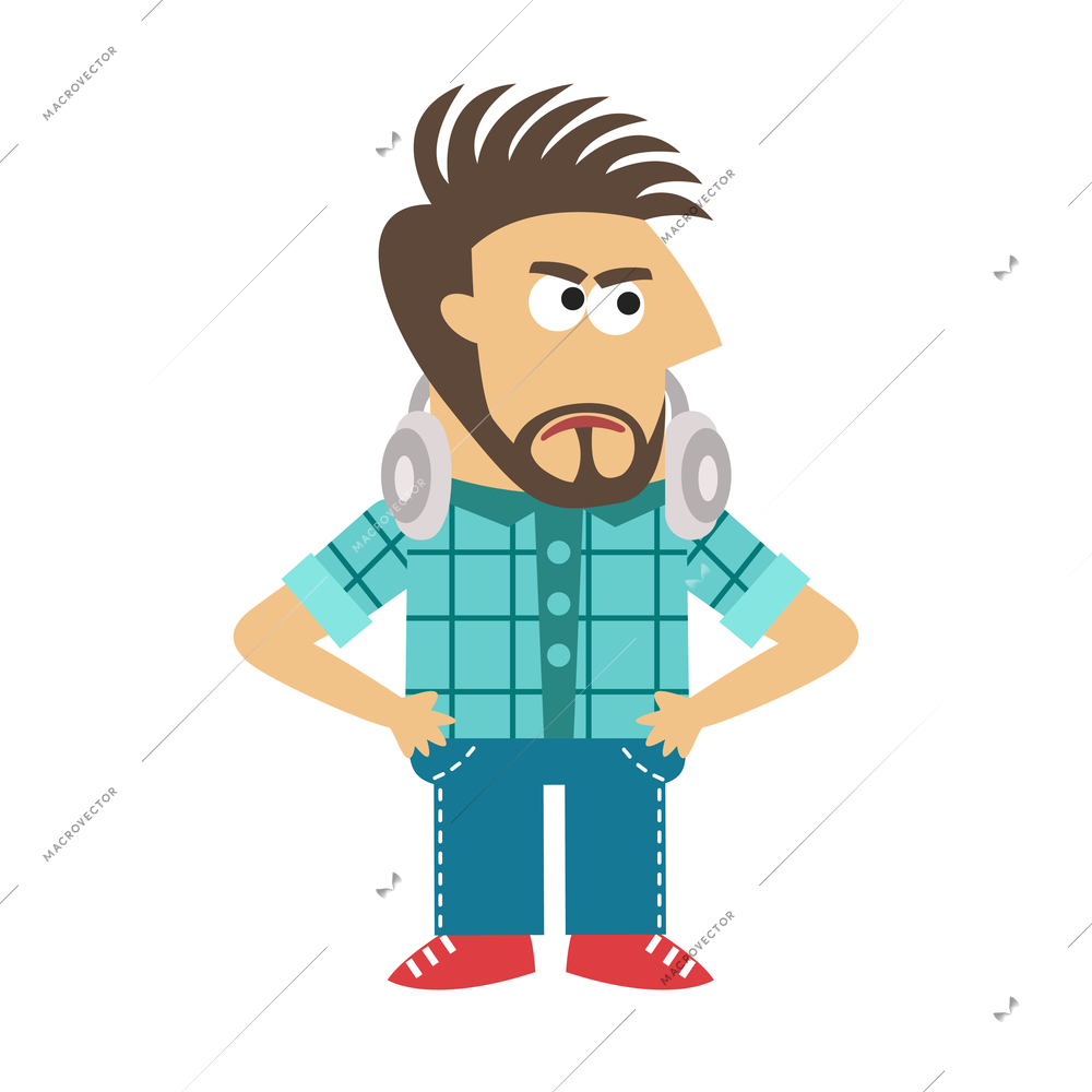 Angry male software engineer standing with his hands on hips flat vector illustration