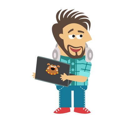 Male software engineer standing pose with laptop and headphones flat vector illustration