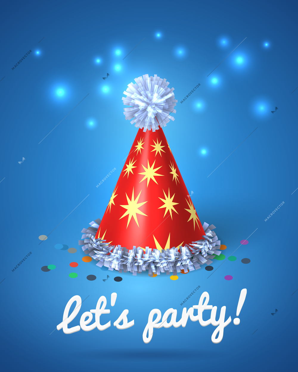 Let's party poster with red hat and stars on blue background vector illustration