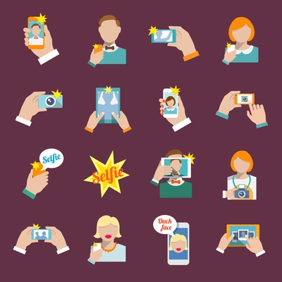 Selfie self portrait camera portrait photo taking flat icons set isolated vector illustration.