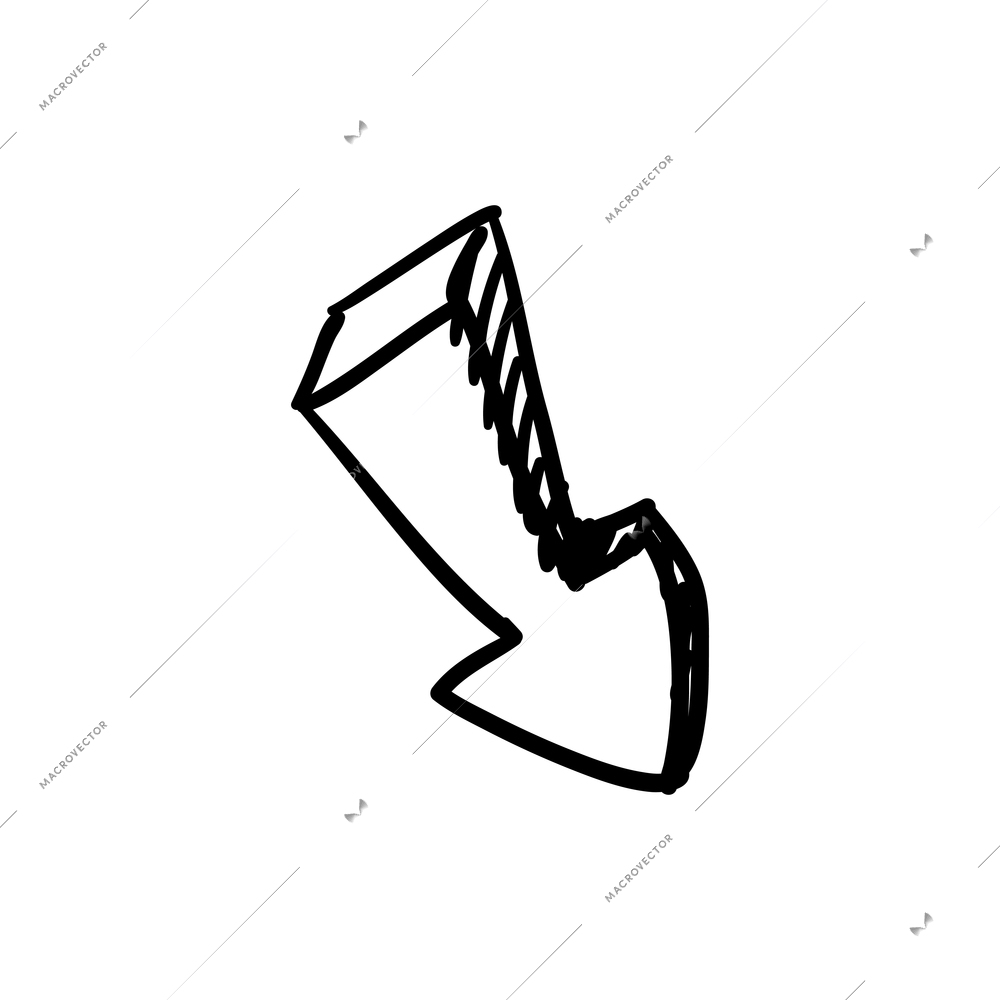 Doodle sketch diagonal arrow ponting down vector illustration